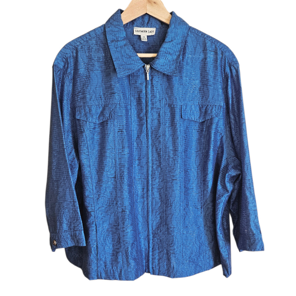 Southern Lady Women’s Blue Textured Full Zip Mock Neck Jacket Plus 2X